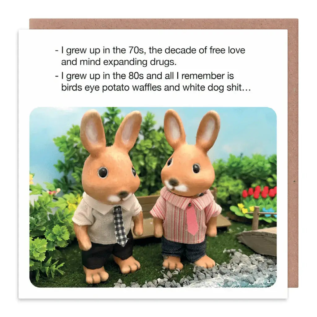 Two cartoon rabbits in a garden with text about the 70s and 80s.