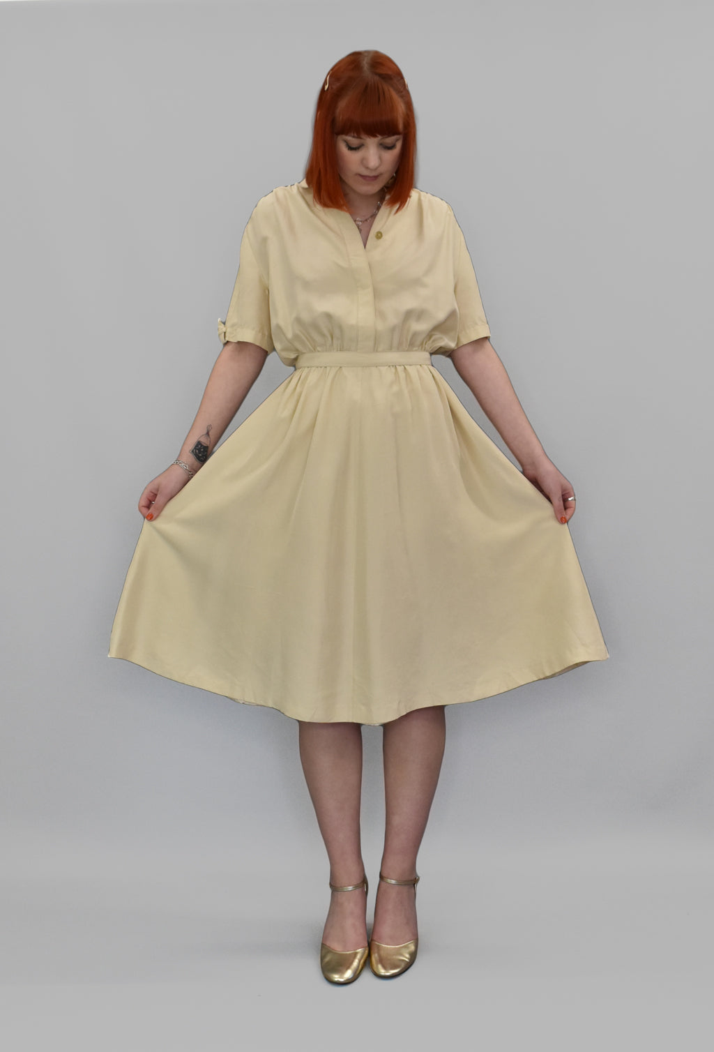 1980’s Cream Silk Gathered Waist Dress | Vintage