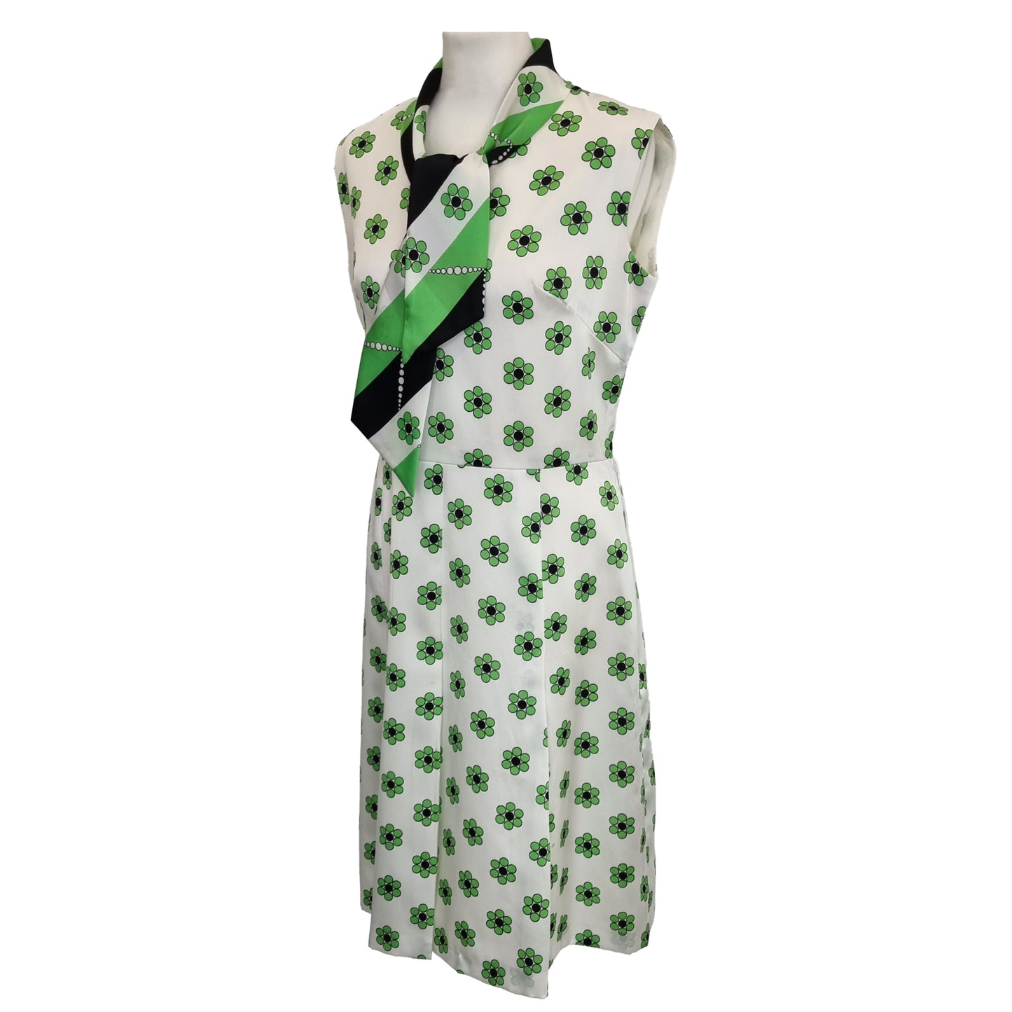 70’s Scarf Tie Floral Geometrics Sleeveless Mod Dress | Vintage