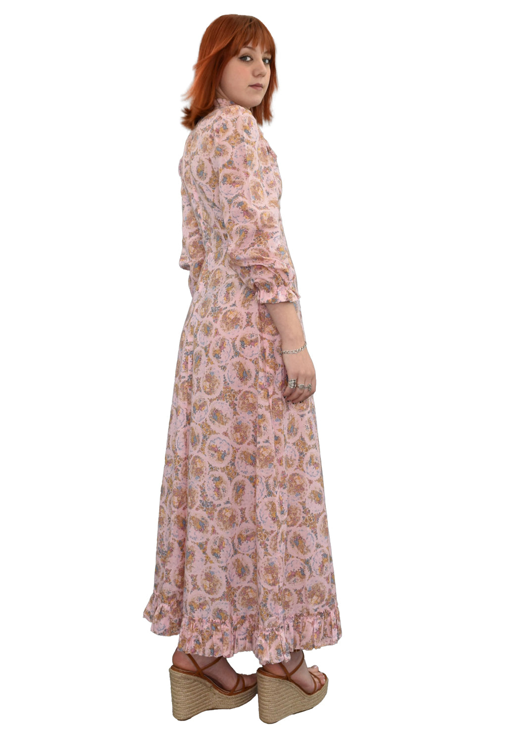 1970's Pink Toile Print Prairie Maxi Dress | Vintage