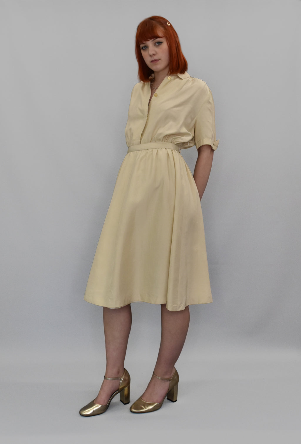 1980’s Cream Silk Gathered Waist Dress | Vintage