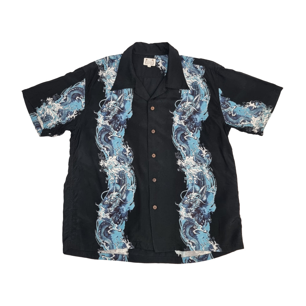 Kearney House Black & Blue Dragon Wave Aloha Viscose Shirt | Vintage