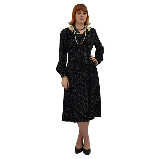 1980’s Does 1940’s Jacquard Black Dress With Lace Collars | Vintage