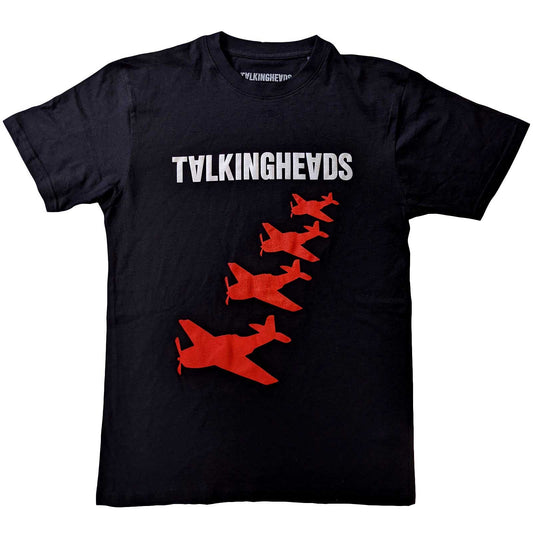 A black Talking Heads Unisex T-Shirt featuring the '4 Planes' design motif.  The print is white and red.