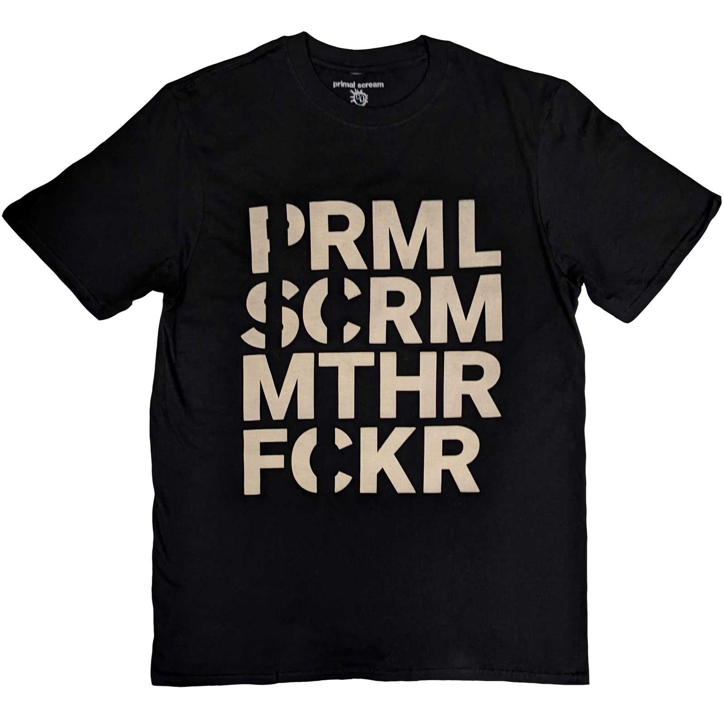 A black Primal Scream Unisex T-Shirt featuring the 'Muthafucka' design motif.