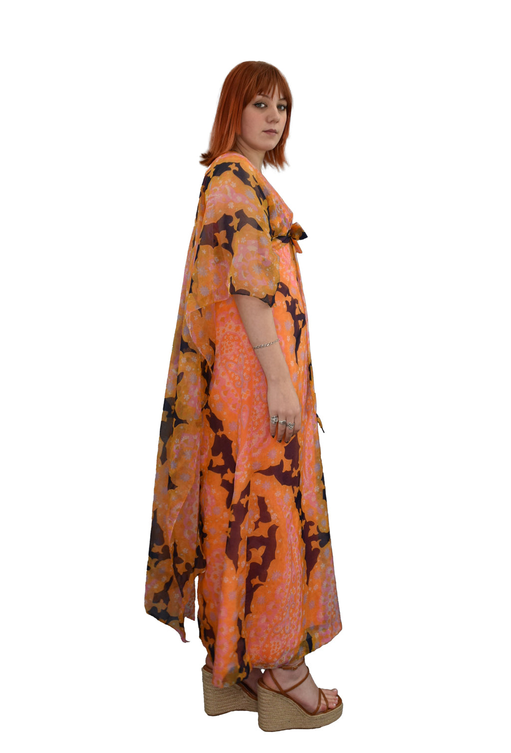 1970's Full Length Cape Sleeved Paisley Print Maxi Dress | Vintage
