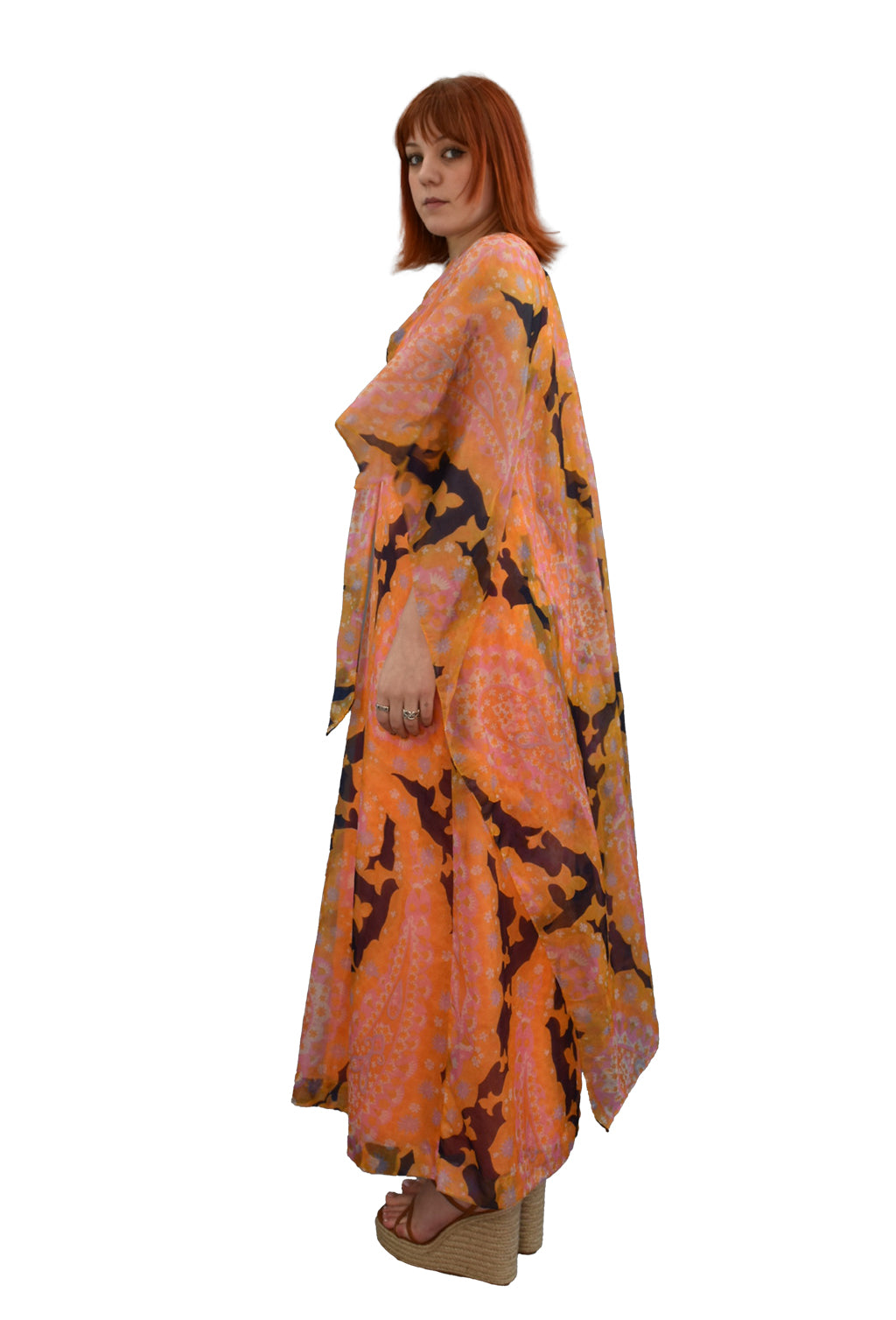 1970's Full Length Cape Sleeved Paisley Print Maxi Dress | Vintage