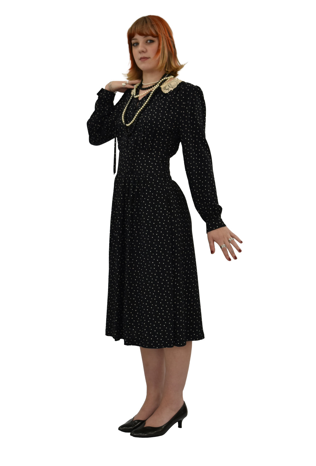 1980’s Does 1940’s Jacquard Black Dress With Lace Collars | Vintage