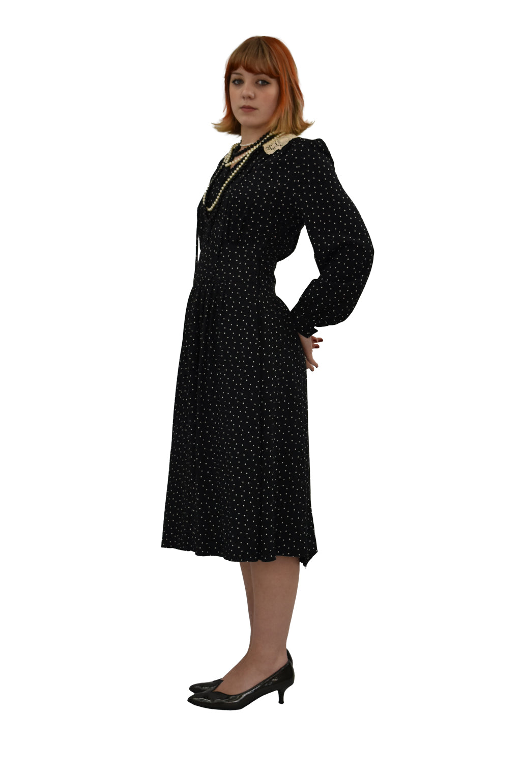 1980’s Does 1940’s Jacquard Black Dress With Lace Collars | Vintage