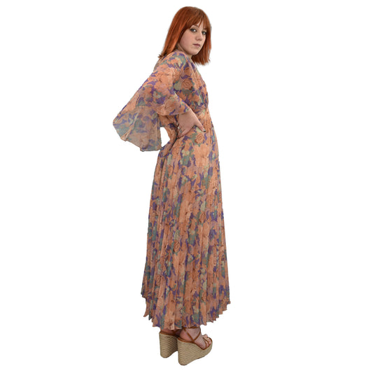 1970's Floaty Floral Maxi Dress With Cape Sleeves | Vintage