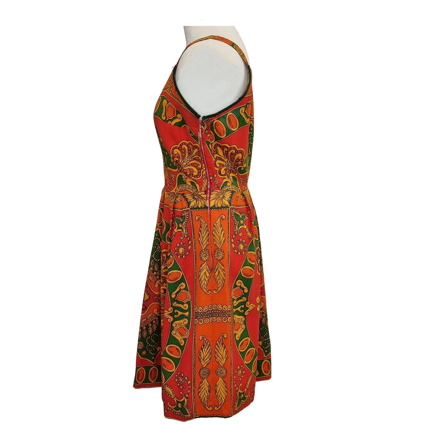 1950’s Red Gold And Green Baroque Jewel Print Dress | Vintage