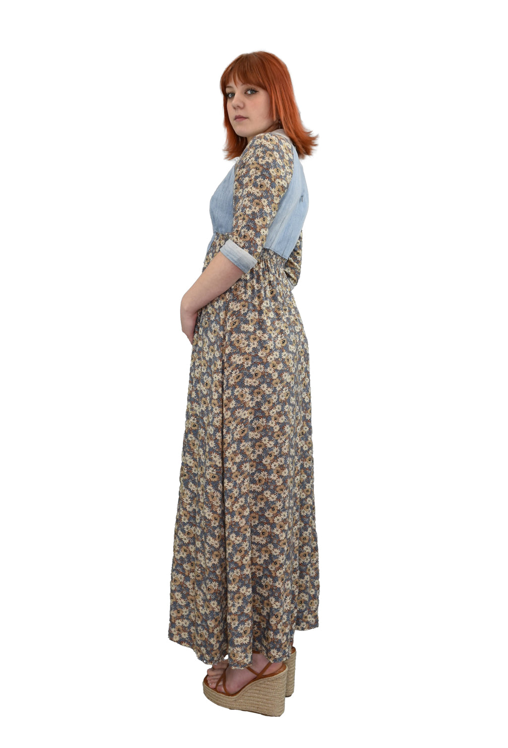1970's Handmade Floral Cotton Chambray Prairie Dress | Vintage