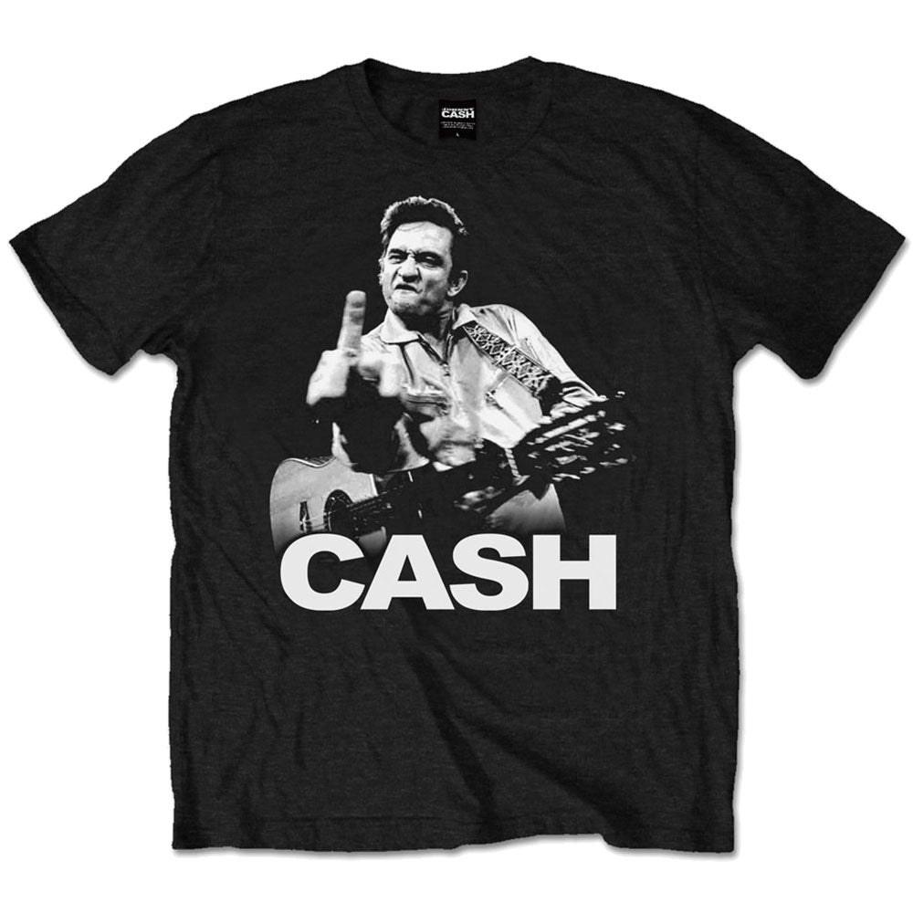 A black T-shirt featuring the Johnny Cash 'Finger' design motif. The print on the t-shirt is white.