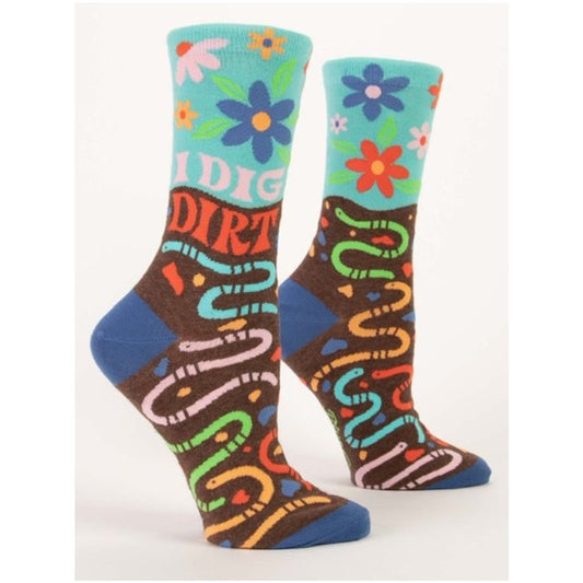 Blue Q women's socks with colourful flowers and worms printed all over. The text on the socks reads ‘i dig dirt’ 