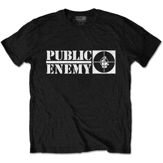 A black T-shirt featuring the Public Enemy 'Crosshairs Logo' design motif. The logo on the front of the T-shirt is white. 