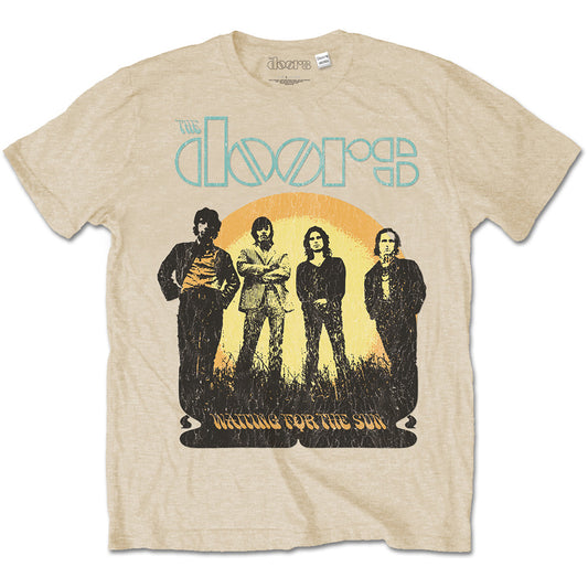 A beige T-shirt featuring The Doors '1968 Tour' design motif. The print on the t-shirt is blue, yellow and black