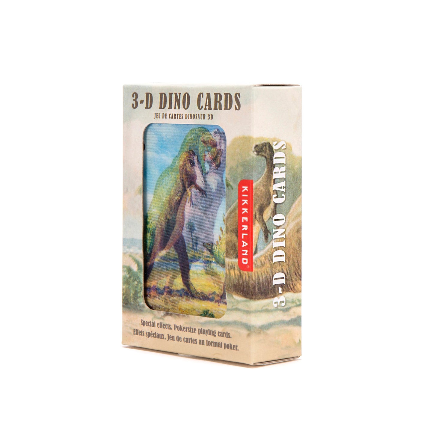 Cardboard box containing playing card at the front with a Dinosaur. Box reads: 3-D dino cards