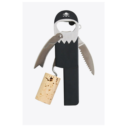 A Pirate shaped bottle opener with a knife as an arm and a corkscrew as a leg.