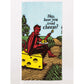 A Blue Q tea towel with the devil sat on a block of cheese in a field. The text reads: 'Hey, have you tried cheese?'
