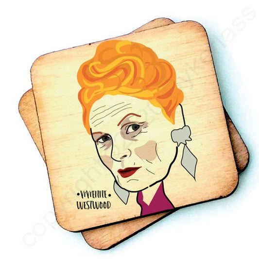 Image shows a wooden drinks coaster with a cartoon graphic of Vivienne Westwood on the front