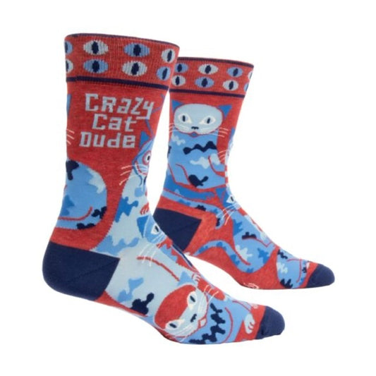 Blue Q socks with blue cats all over and blue cat eyes around the top. The text on the socks reads: 'Crazy cat dude'
