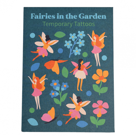 A blue cardboard packet with images of fairy's and flowers on. The text reads: Fairies in the garden temporary tattoos