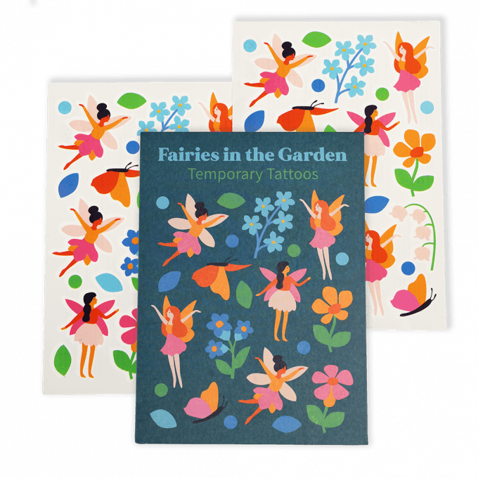 A blue cardboard packet with images of fairy's and flowers on. The text reads: Fairies in the garden temporary tattoos