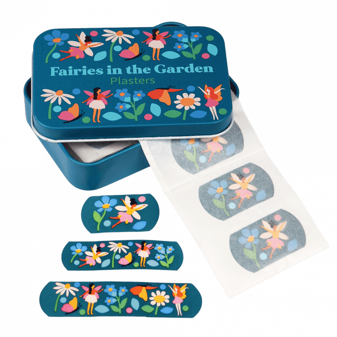 An open tin with fairys plasters coming out of it. On The front of the tin there are pictures of faries and flowers and infront of it there are 3 different sized fairy plasters