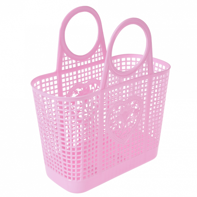 A pink plastic basket with a love heart and flower design on on the front 