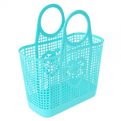 A blue plastic basket with a love heart and flower design on on the front 