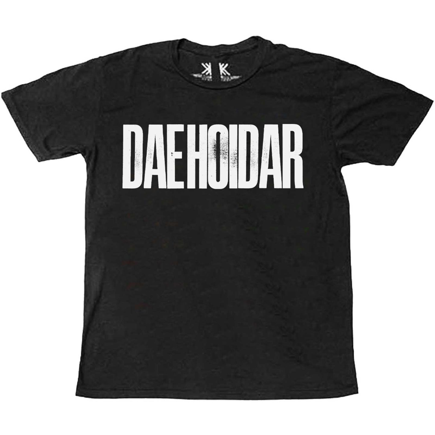 A black T-shirt featuring the Radiohead 'Daehoidar' design motif. The print on the T-shirt is white. 