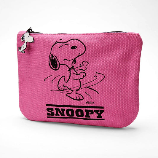A pink zipper pouch with a snoopy zip. On the front of the pouch there is a graphic of Snoopy dancing with text underneath the reads: Snoopy 