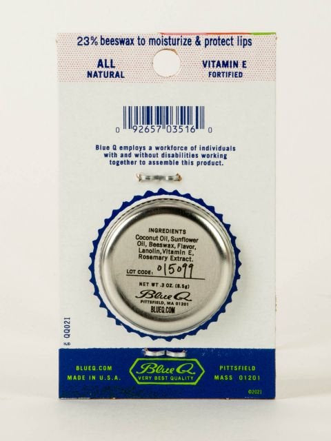 The back of the packaging for Blue Q lip shit Fruit punch with lime, showing the ingredients of the product
