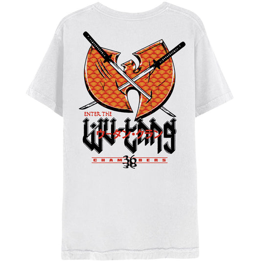 A white T-shirt featuring Wu-Tang Clan 'Swords' design motif. The print on the T-shirt is orange, red and black 