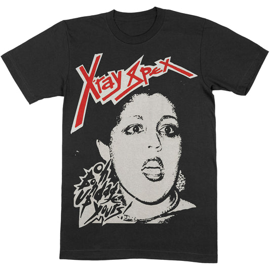 A black T-shirt featuring X-Ray Spex 'Oh Bondage' design motif. The print on the T-shirt is red and white 