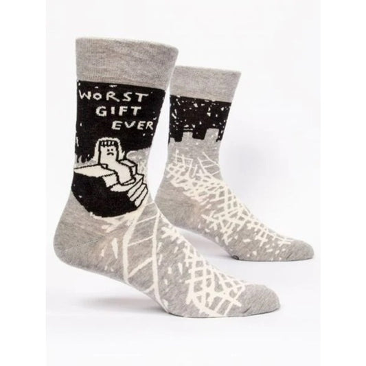 Grey and black Blue Q socks with a picture of a sad sock left on the stairs. The text on them reads ‘worst gift ever’