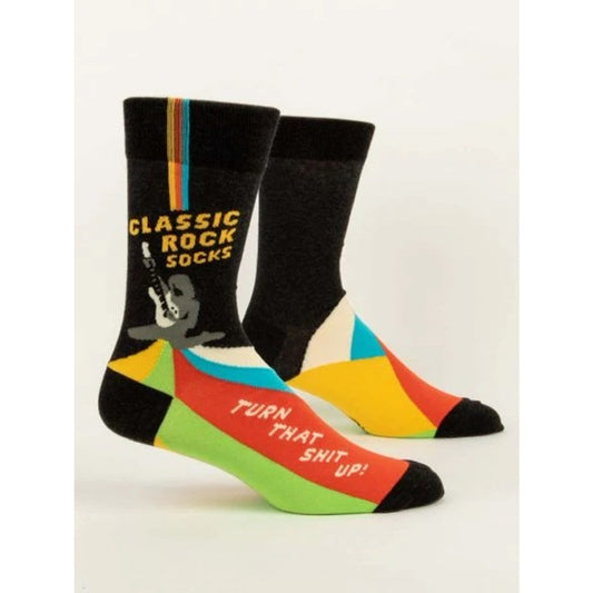 Blue Q Socks with Blue, Yellow, red, and green stripes and a guitar. Text reads 'Classic rock socks Turn that shit up'
