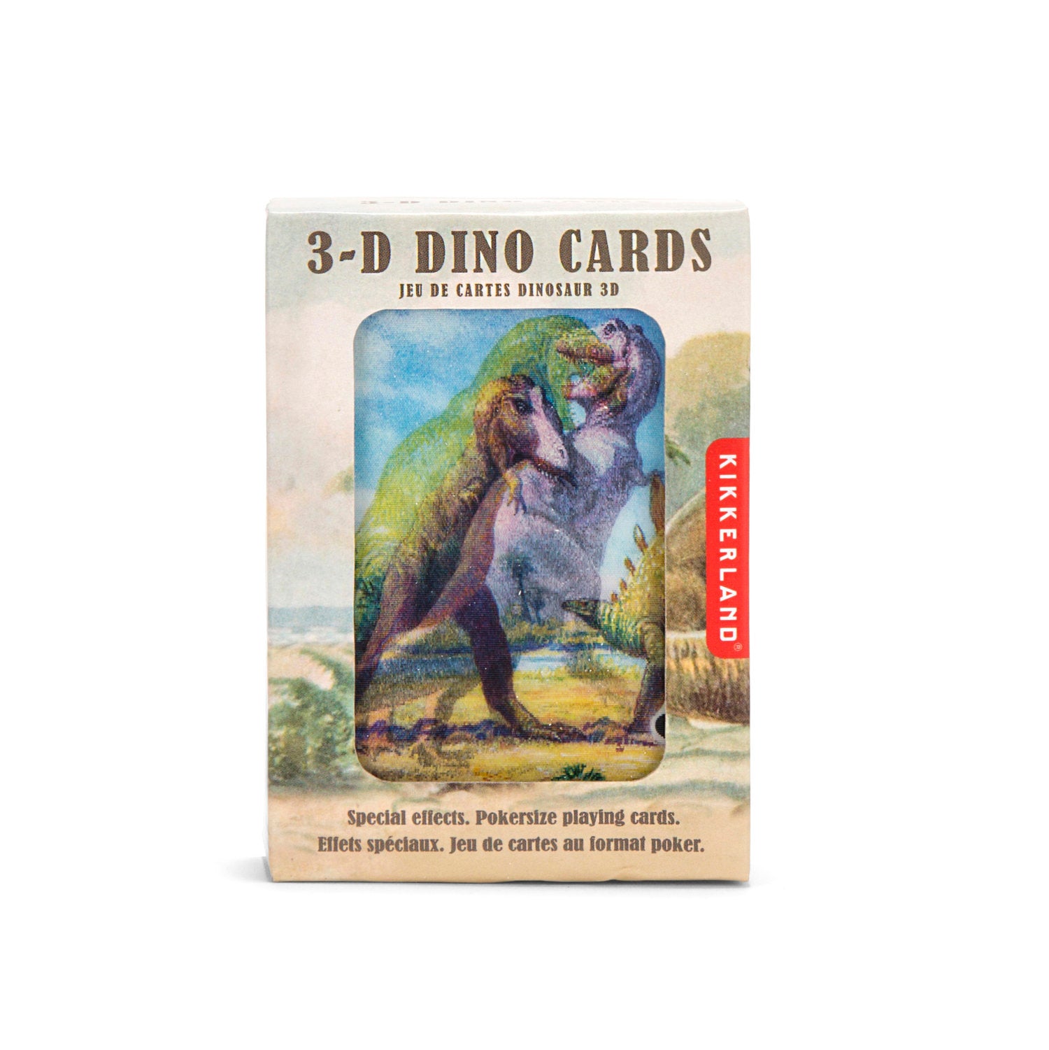 Cardboard box containing playing card at the front with a Dinosaur. Box reads: 3-D dino cards