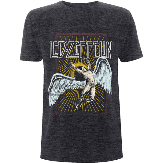 A grey T-shirt featuring the Led Zeppelin 'Icarus' design motif. The print on the t-shirt is yellow, white and purple.