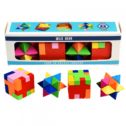 4 puzzle erasers, 2 are star shaped and 2 are cubes, and they are made up of yellow, blue, green, red and pink pieces.