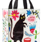 A white Blue Q lunch bag with a drawing of a black cat with pink blue yellow and green around. The text reads: Chow time