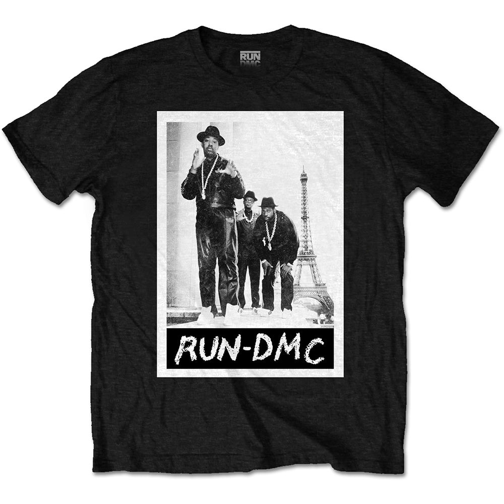 A black T-shirt featuring the Run DMC  'Paris Photo' design motif. The print on the T-shirt is in white. 