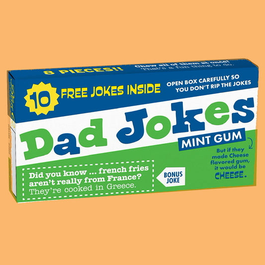 Blue Q box of gum with text on that reads: Dad jokes mint gum but if they made cheese flavoured gum it would be cheese 