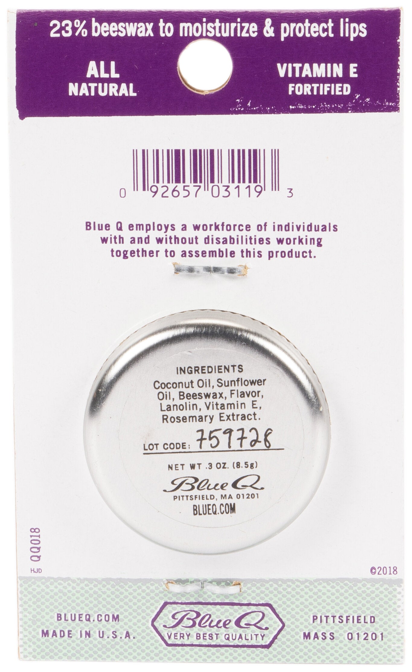 The back of the packaging for Blue Q lip shit Mocha almond, showing the ingredients of the product