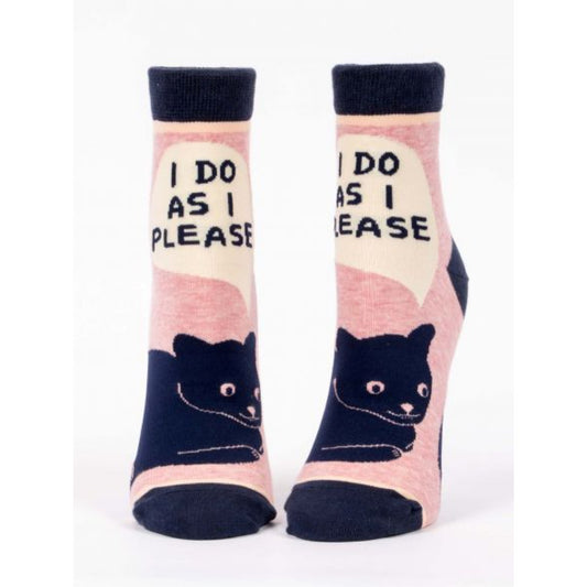 Blue and pink Blue Q socks with a cat on the front. There is a speech bubble by the cat that reads ‘I do as I please’