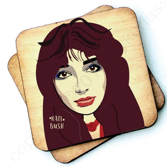 Image shows a wooden drinks coaster with a cartoon graphic of Kate Bush on the front