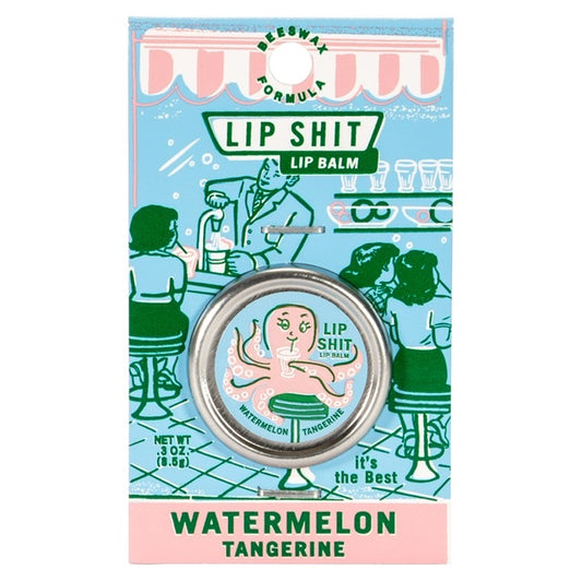 A Blue Q lip shit tin encased in a Blue cardboard packaging. The text reads: 'Lip shit lip balm Watermelon tangerine'
