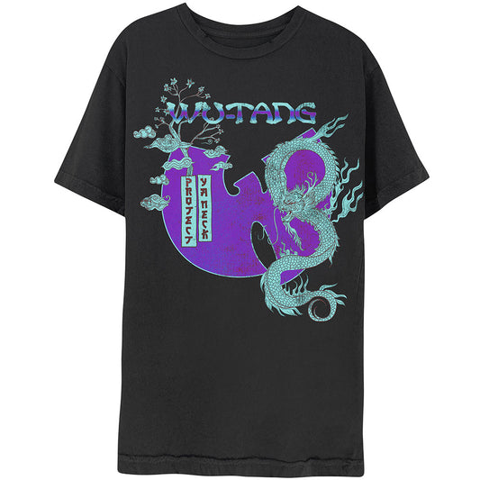 A black T-shirt featuring Wu-Tang Clan 'Dragon Bonsai' design motif. The print on the T-shirt is purple and blue.
