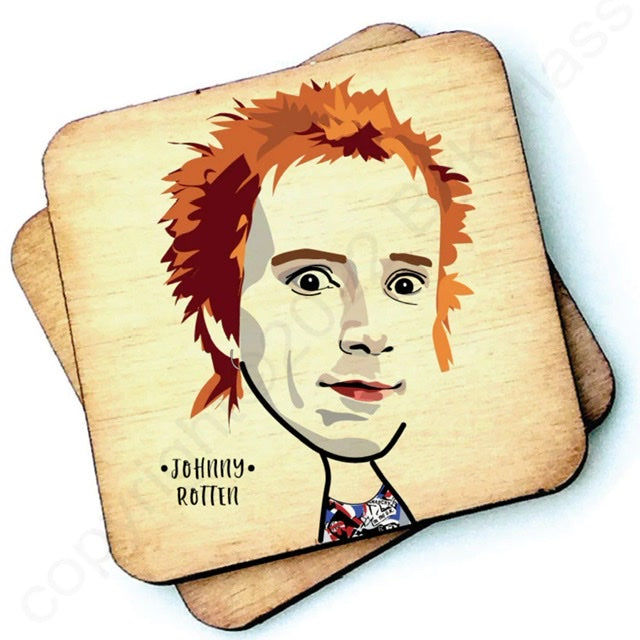 Image shows a wooden drinks coaster with a cartoon graphic of Johnny Rotten on the front