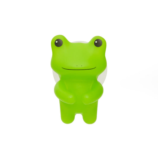 A bright green frog with his arms closed together so it can hold your toothbrush.